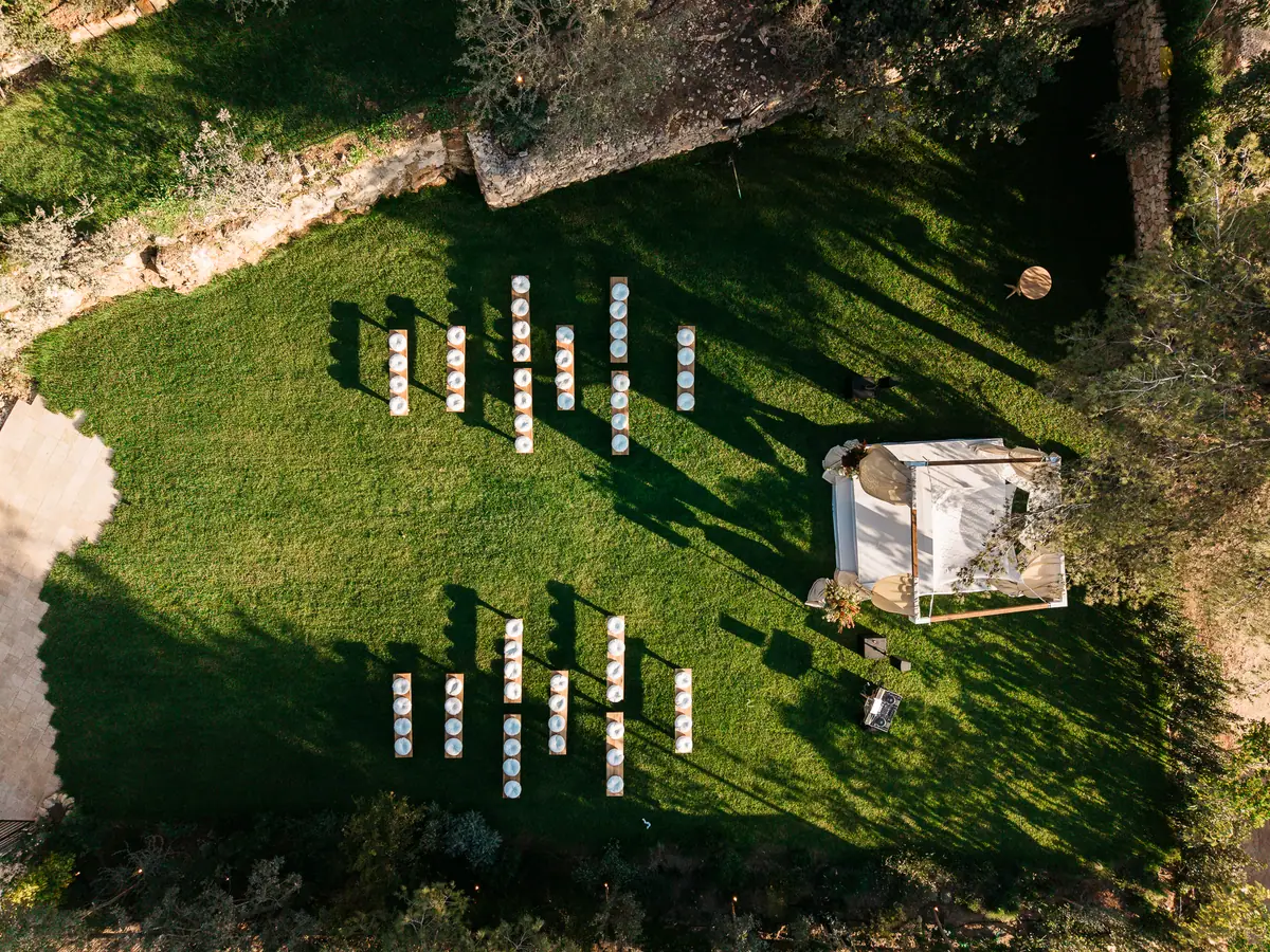 The lawn set for the ceremony, from the air