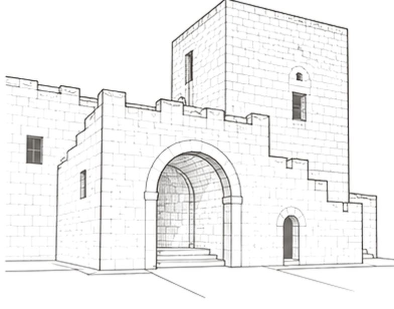 Engraving of the fort: the arch, the stairs and the tower