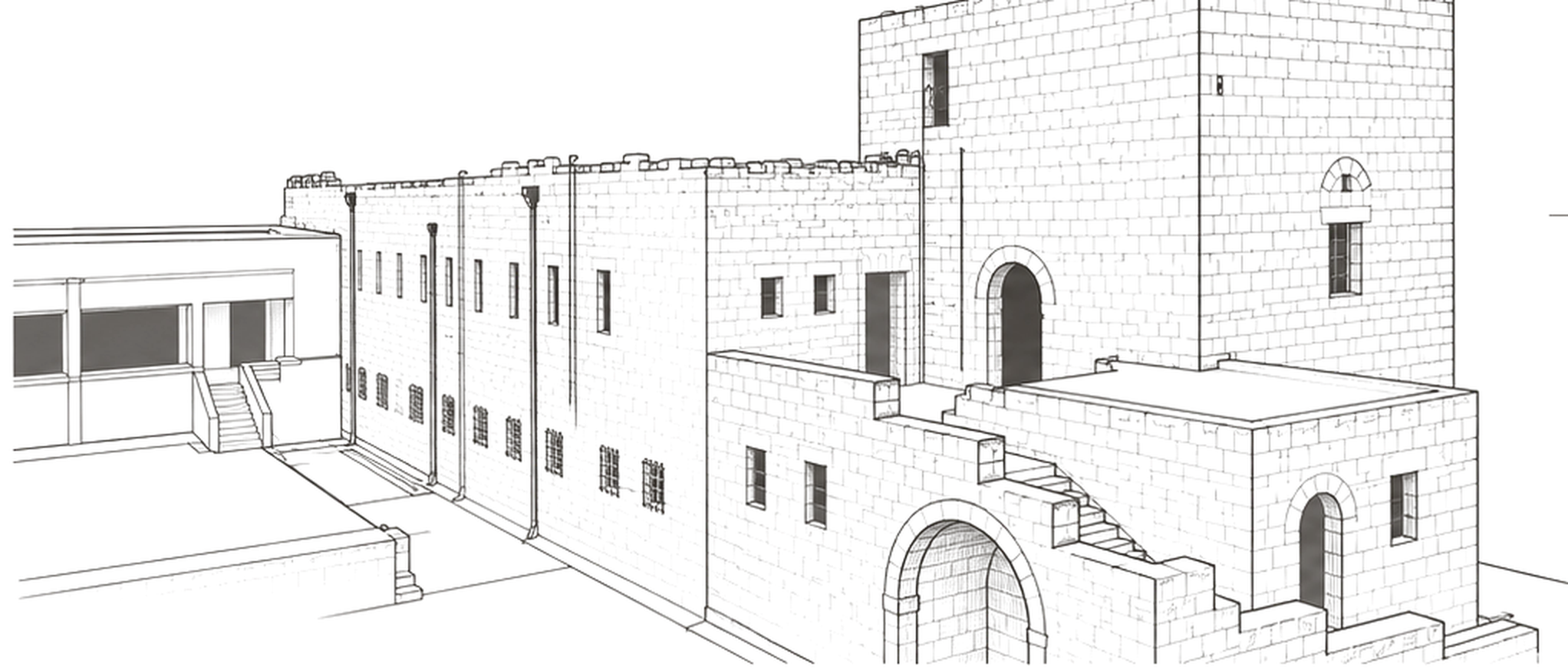 Full engraving of the fort, seen from the courtyard: the tower, the arch, the stairs and the long wing